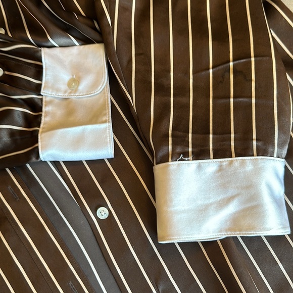 Lauren Ralph Lauren Silk Button Down Blouse Brown With Cream Stripe Sz 20 W - Picture 3 of 4